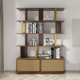 5-Tier Walnut Bookshelf with 2 Drawers Wooden Bookcase in Gold (165 cm High) - thumbnail 2