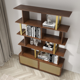 5-Tier Walnut Bookshelf with 2 Drawers Wooden Bookcase in Gold (165 cm High) - thumbnail 3