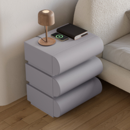 Modern Light Grey Leather Smart Nightstand with Wireless Charger 3 Drawers Bedside Table with USB & Type-C Ports Set of 2 - thumbnail 2