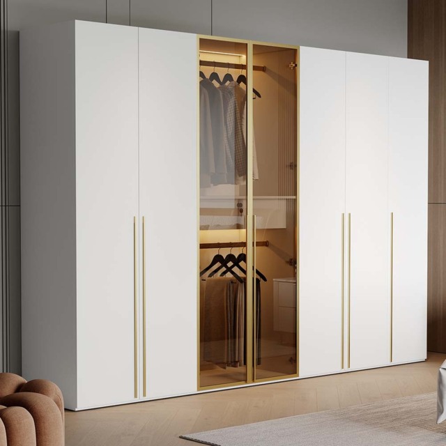 White & Gold Modern Extra Wide Wardrobe with Clear Glass Door Storage with Sensor Light - image 1