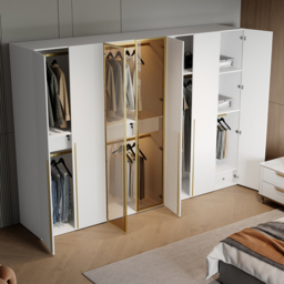 White & Gold Modern Extra Wide Wardrobe with Clear Glass Door Storage with Sensor Light - thumbnail 8