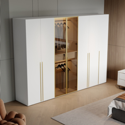 White & Gold Modern Extra Wide Wardrobe with Clear Glass Door Storage with Sensor Light - thumbnail 7