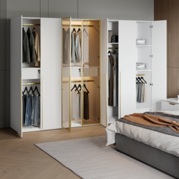White & Gold Modern Extra Wide Wardrobe with Clear Glass Door Storage with Sensor Light - thumbnail 6