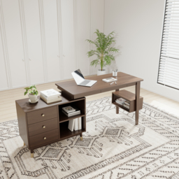 Ultic Walnut L Shaped Home Office Desk & Faux Leather Office Chair Set with Wheels - thumbnail 4