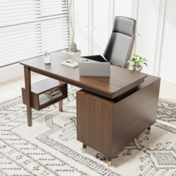 Ultic Walnut L Shaped Home Office Desk & Faux Leather Office Chair Set with Wheels - thumbnail 3