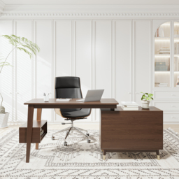 Ultic Walnut L Shaped Home Office Desk & Faux Leather Office Chair Set with Wheels - thumbnail 2