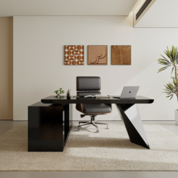 Set Black L-Shape Executive Desk Right Hand Reclining Leather Office Desk Chair (1800m)