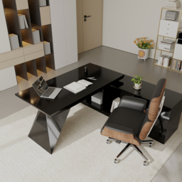 Set Black L-Shape Executive Desk Right Hand Reclining Leather Office Desk Chair (1800m) - thumbnail 3