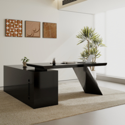 Set Black L-Shape Executive Desk Right Hand Reclining Leather Office Desk Chair (1800m) - thumbnail 4