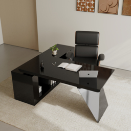 Set Black L-Shape Executive Desk Right Hand Reclining Leather Office Desk Chair (1800m) - thumbnail 2