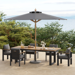 8 Pieces Rectangle Wood & Aluminium Outdoor Patio Dining Set with Central Pillar Umbrella - thumbnail 2
