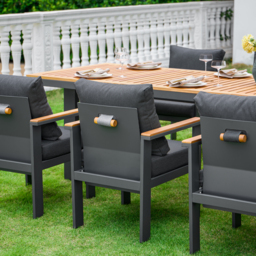 8 Pieces Rectangle Wood & Aluminium Outdoor Patio Dining Set with Central Pillar Umbrella - thumbnail 3