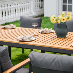 8 Pieces Rectangle Wood & Aluminium Outdoor Patio Dining Set with Central Pillar Umbrella - thumbnail 6