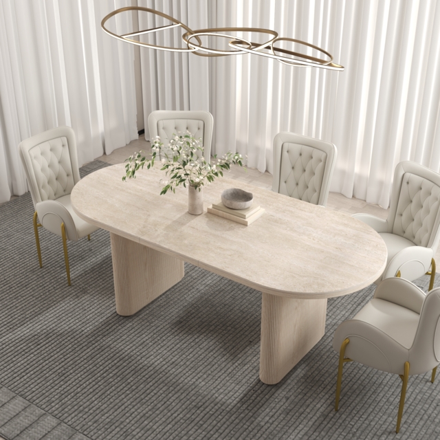 200 - 240 cm Oval Dining Table Extendable Butterfly Leaf Sintered Stone Top 6-10 Seater Matte Travertine - image 1