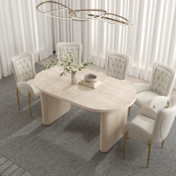 2007 mm - 2413 mm Oval Dining Table Extendable Butterfly Leaf Sintered Stone Top 6-10 Seater Matte Travertine - thumbnail 2