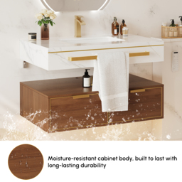 915mm Modern Wall-Mounted Bathroom Vanity with LED Light, Walnut Cabinet & Ceramic Basin - thumbnail 5