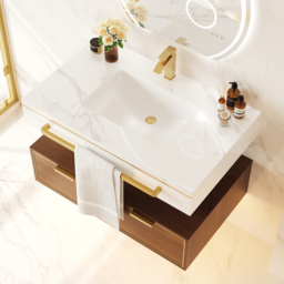 915mm Modern Wall-Mounted Bathroom Vanity with LED Light, Walnut Cabinet & Ceramic Basin - thumbnail 3