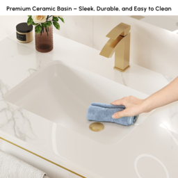 915mm Modern Wall-Mounted Bathroom Vanity with LED Light, Walnut Cabinet & Ceramic Basin - thumbnail 8