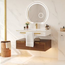 915mm Modern Wall-Mounted Bathroom Vanity with LED Light, Walnut Cabinet & Ceramic Basin - thumbnail 1
