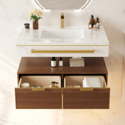 915mm Modern Wall-Mounted Bathroom Vanity with LED Light, Walnut Cabinet & Ceramic Basin - thumbnail 2