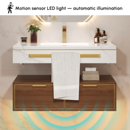 915mm Modern Wall-Mounted Bathroom Vanity with LED Light, Walnut Cabinet & Ceramic Basin - thumbnail 7