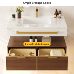 915mm Modern Wall-Mounted Bathroom Vanity with LED Light, Walnut Cabinet & Ceramic Basin - thumbnail 4