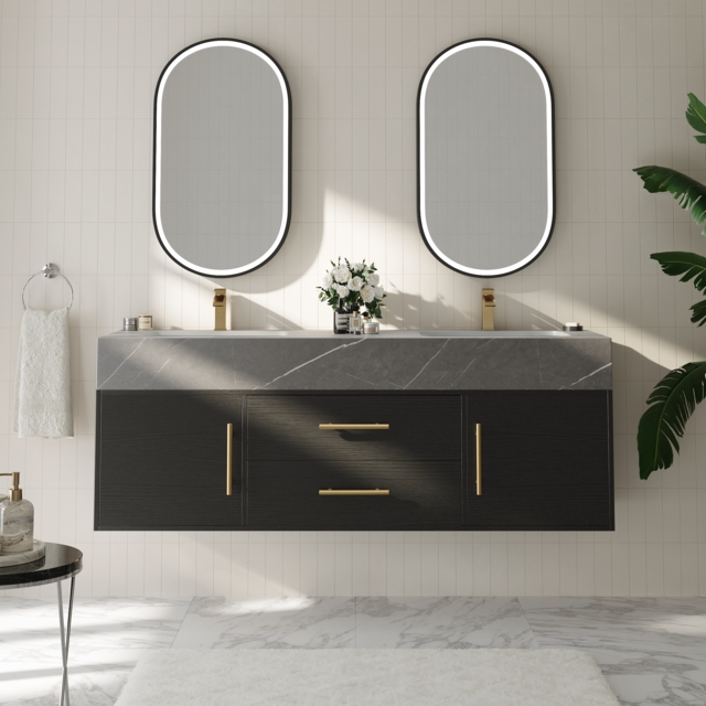 1500mm Black Double Sink Bathroom Vanity with Brushed Gold Handles, Floating Design - image 1