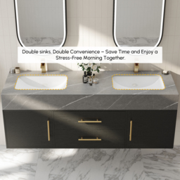 1500mm Black Double Sink Bathroom Vanity with Brushed Gold Handles, Floating Design - thumbnail 6