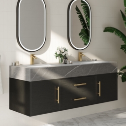1500mm Black Double Sink Bathroom Vanity with Brushed Gold Handles, Floating Design - thumbnail 2