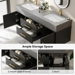 1500mm Black Double Sink Bathroom Vanity with Brushed Gold Handles, Floating Design - thumbnail 5