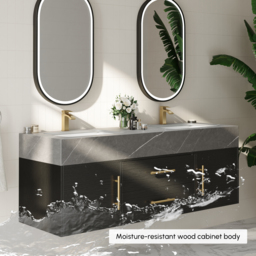 1500mm Black Double Sink Bathroom Vanity with Brushed Gold Handles, Floating Design - thumbnail 8