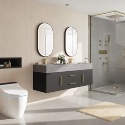 1500mm Black Double Sink Bathroom Vanity with Brushed Gold Handles, Floating Design - thumbnail 4