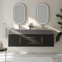 150 cm Black Double Sink Bathroom Vanity with Brushed Gold Handles, Floating Design
