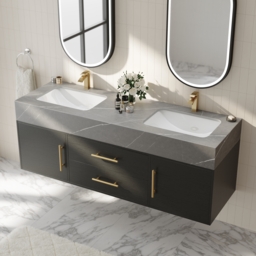 1500mm Black Double Sink Bathroom Vanity with Brushed Gold Handles, Floating Design - thumbnail 3