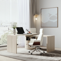 Modern L Shaped Rotatable Wash White Executive Office Desk with Drawers White Office Furniture (150 cm) - thumbnail 2