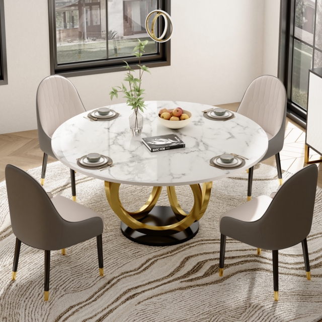 5 Piece Dining Room Set 1350mm Sintered Stone Top Round Dining Table White&Grey 4 Chairs - image 1