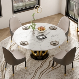 5 Piece Dining Room Set 1350mm Sintered Stone Top Round Dining Table White&Grey 4 Chairs - thumbnail 2