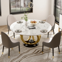 5 Piece Dining Room Set 1350mm Sintered Stone Top Round Dining Table White&Grey 4 Chairs