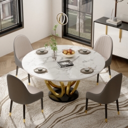 5 Piece Dining Room Set 1350mm Sintered Stone Top Round Dining Table White&Grey 4 Chairs - thumbnail 5