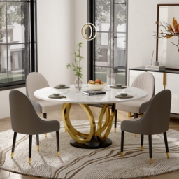 5 Piece Dining Room Set 1350mm Sintered Stone Top Round Dining Table White&Grey 4 Chairs - thumbnail 3