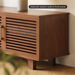 2200mm Solid Ash Wood TV Stand Mid Century Modern Media Console with Storage & LED in Walnut - thumbnail 7