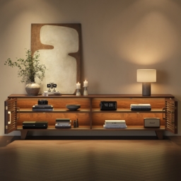 2200mm Solid Ash Wood TV Stand Mid Century Modern Media Console with Storage & LED in Walnut - thumbnail 5