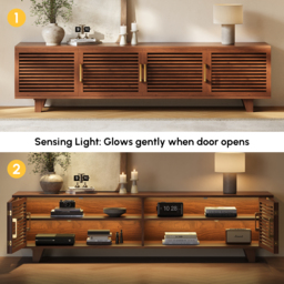 2200mm Solid Ash Wood TV Stand Mid Century Modern Media Console with Storage & LED in Walnut - thumbnail 3