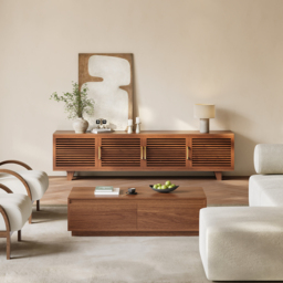 2200mm Solid Ash Wood TV Stand Mid Century Modern Media Console with Storage & LED in Walnut - thumbnail 4