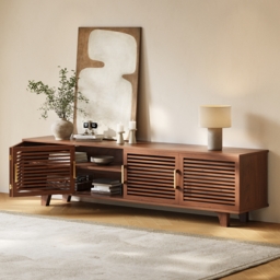 2200mm Solid Ash Wood TV Stand Mid Century Modern Media Console with Storage & LED in Walnut - thumbnail 2