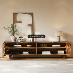 2200mm Solid Ash Wood TV Stand Mid Century Modern Media Console with Storage & LED in Walnut - thumbnail 8