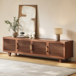 2200mm Solid Ash Wood TV Stand Mid Century Modern Media Console with Storage & LED in Walnut - thumbnail 1