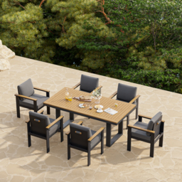 Tevara 7-Piece Rectangular Wood & Aluminium Outdoor Patio Dining Set for 6 People