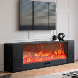 2200mm Modern Black Marble Veneer Sintered Stone Electric Fireplace TV Stand with Remote Control Temperature Adjustable - thumbnail 3