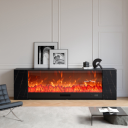 2200mm Modern Black Marble Veneer Sintered Stone Electric Fireplace TV Stand with Remote Control Temperature Adjustable - thumbnail 2